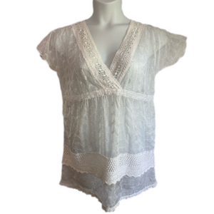 V Cristina White Sheer Lace Eyelet Crochet V-Neckline Summer Blouse SKU0611